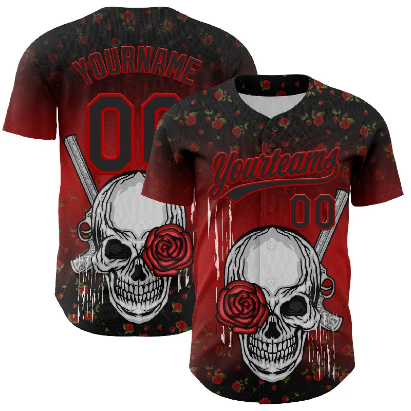 Baseball Jersey With Moisture-Wicking Tech-Custom Black Red 3D Pattern Design Gothic Style Skull With Rose And Gun Authentic Baseball Jersey