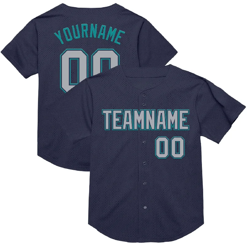 Baseball Jersey With Custom Patch-Custom Navy Gray-Teal Mesh Authentic Throwback Baseball Jersey