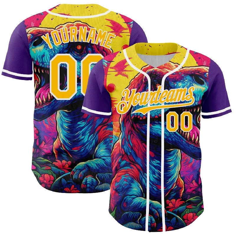 Baseball Jersey With Commemorative Patch-Custom Purple Gold-White 3D Pattern Design Rave T Rex Authentic Baseball Jersey