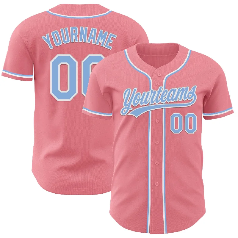 Baseball Jersey With Satin Finish-Custom Medium Pink Light Blue-White Authentic Baseball Jersey