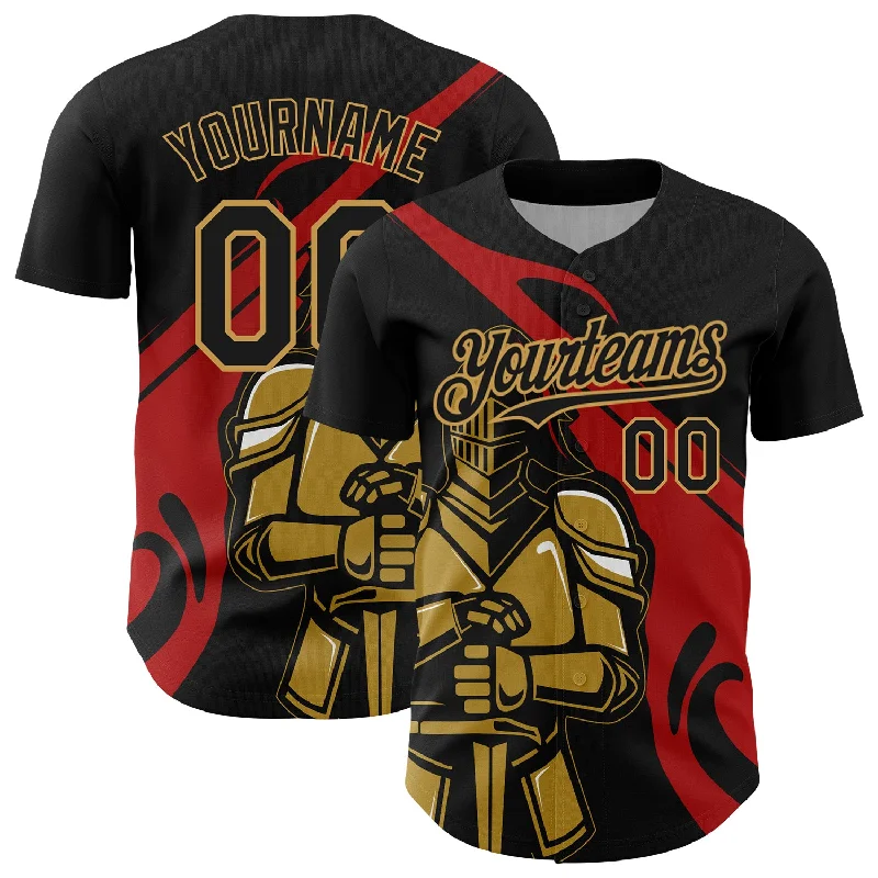 Baseball Jersey With Water Resistance-Custom Black Red-Old Gold 3D Pattern Design Knight Hero Art Authentic Baseball Jersey