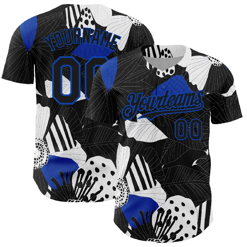 Baseball Jersey With High Durability-Custom Black Thunder Blue-White 3D Pattern Design Flower Authentic Baseball Jersey