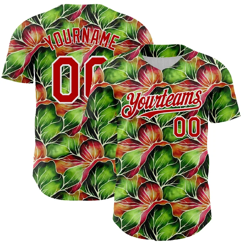 Baseball Jersey With Loose Fit-Custom Black Red-White 3D Pattern Design Tropical Plant Authentic Baseball Jersey