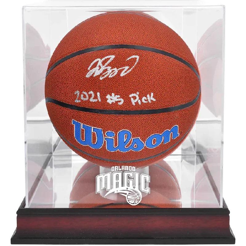 Basketball Leadership-Jalen Suggs  Signed Orlando Magic  Wilson Team Logo Basketball with "2021 #5 Pick" Inscription & Mahogany Team Logo Display Case (Fanatics)