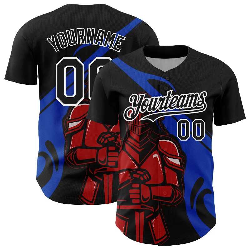 Baseball Jersey With High Durability-Custom Black Thunder Blue-Red 3D Pattern Design Knight Hero Art Authentic Baseball Jersey