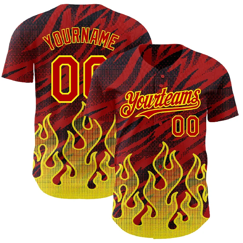 Baseball Jersey With Number Patch-Custom Red Black-Light Yellow 3D Pattern Design Flame Authentic Baseball Jersey