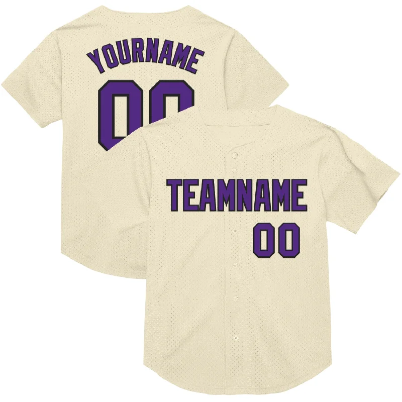 Baseball Jersey With Side Vents-Custom Cream Purple-Black Mesh Authentic Throwback Baseball Jersey