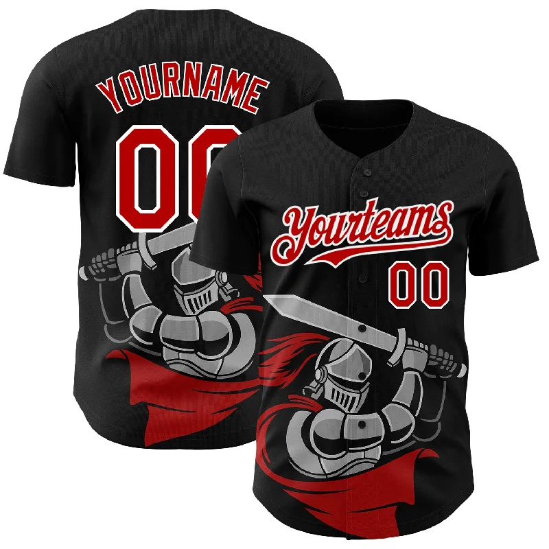 Baseball Jersey With Tagless Collar-Custom Black Red-White 3D Pattern Design Knight Hero Art Authentic Baseball Jersey