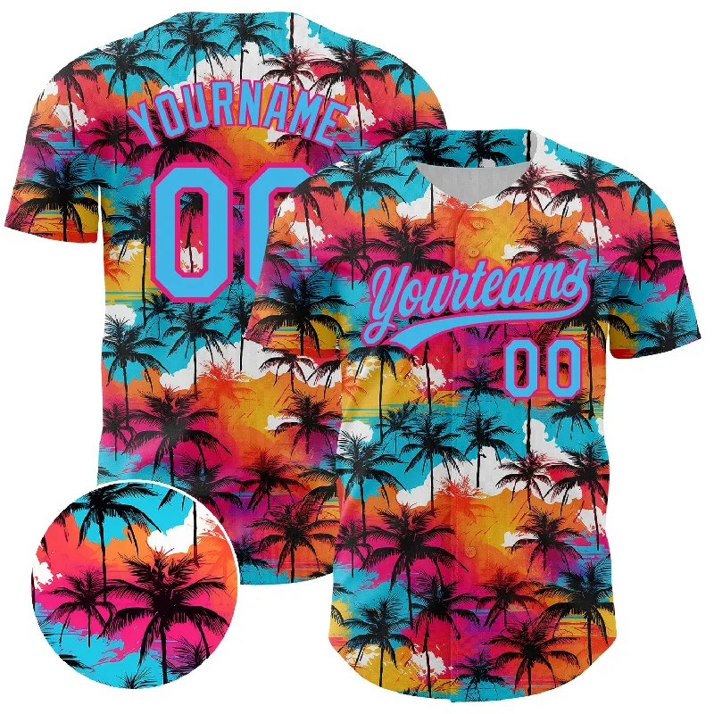 Baseball Jersey With Neon Accents-Custom Sky Blue Hot Pink 3D Pattern Design Tropical Hawaii Palm Trees Authentic Baseball Jersey