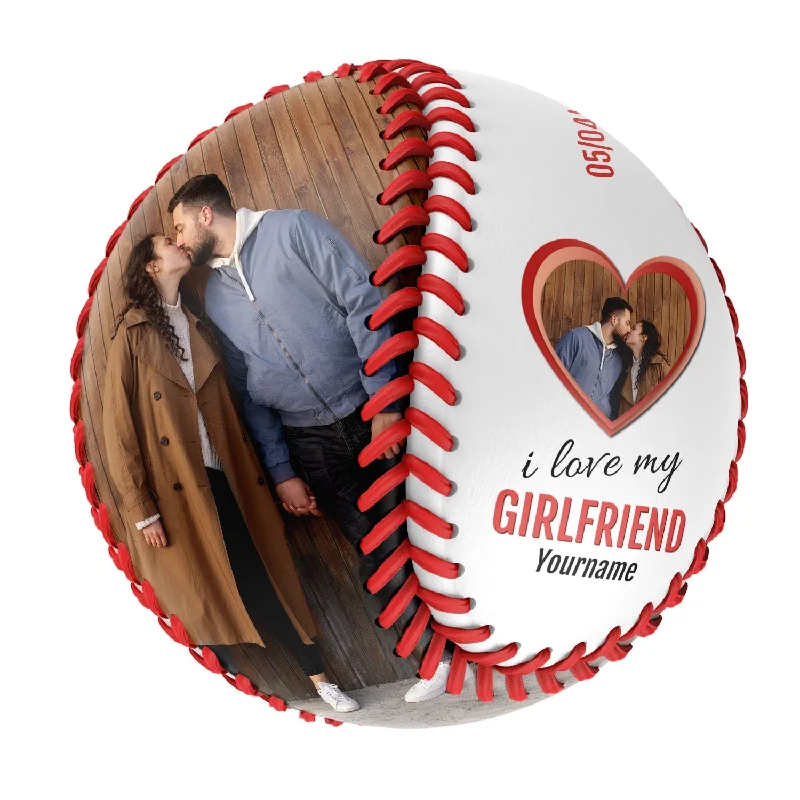 Baseball Sportsmanship-I love My Girlfriend Personalized Anniversary Name Date Photo White Baseballs