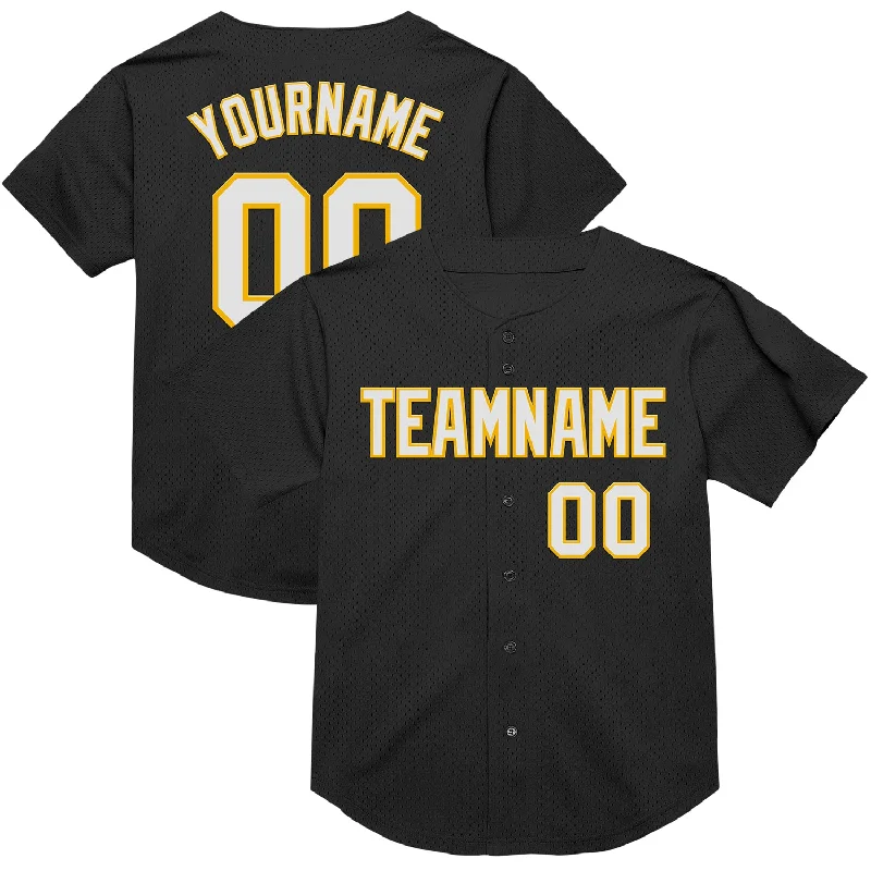 Baseball Jersey With Championship Edition-Custom Black White-Gold Mesh Authentic Throwback Baseball Jersey