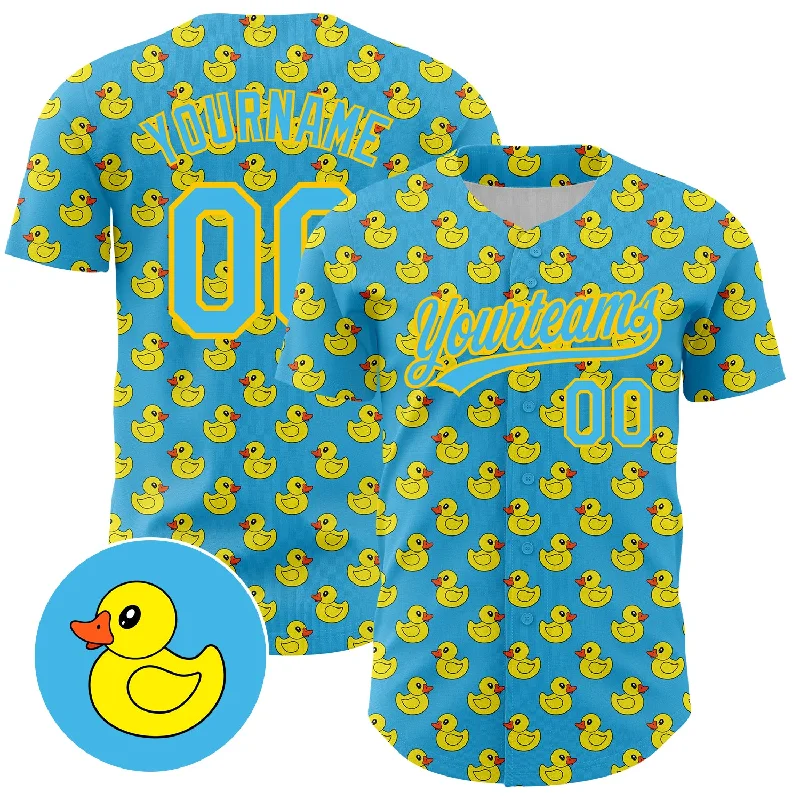 Baseball Jersey With Asymmetrical Design-Custom Sky Blue Yellow 3D Pattern Design Animal Duck Authentic Baseball Jersey