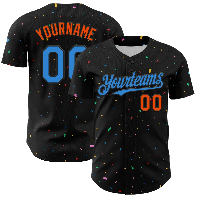 Baseball Jersey With Bold Graphic Print-Custom Black Electric Blue-Orange 3D Pattern Design Confetti Authentic Baseball Jersey