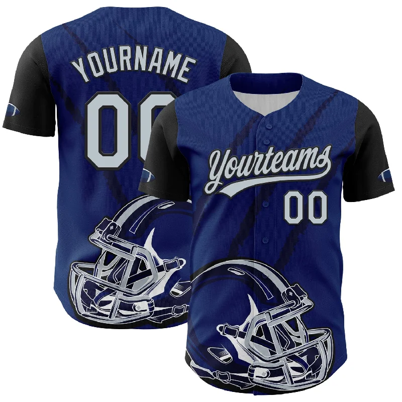 Baseball Jersey With Authentic MLB Look-Custom US Navy Blue Silver-Black 3D Pattern Design Football Helmet And Animal Claw Authentic Baseball Jersey