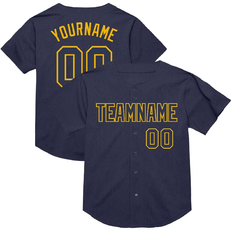 Baseball Jersey With Digital Print-Custom Navy Gold Mesh Authentic Throwback Baseball Jersey