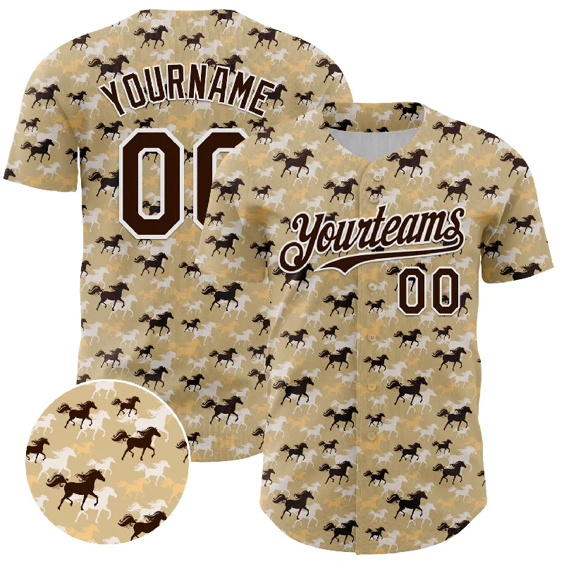 Baseball Jersey With V-Neck Design-Custom Vegas Gold Brown-White 3D Pattern Design Animal Horse Authentic Baseball Jersey