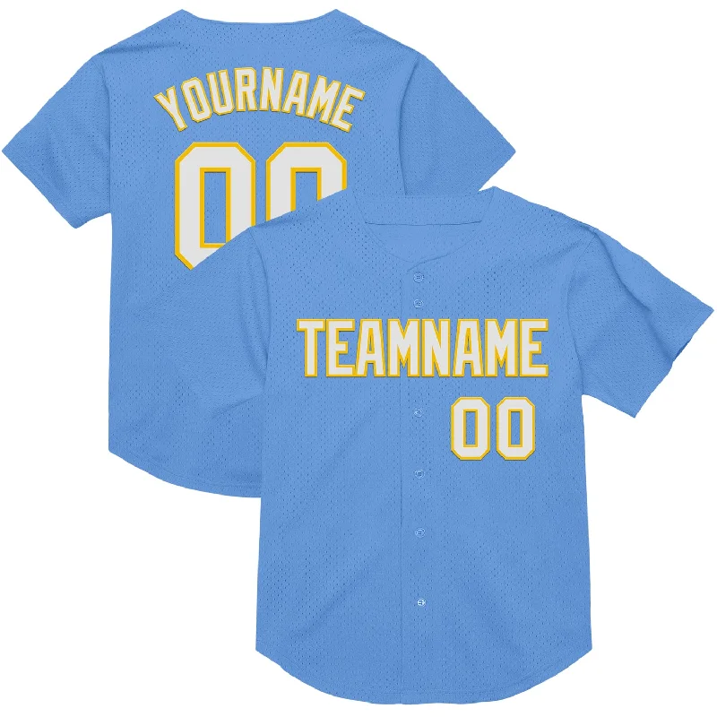 Baseball Jersey For Youth-Custom Light Blue White-Yellow Mesh Authentic Throwback Baseball Jersey