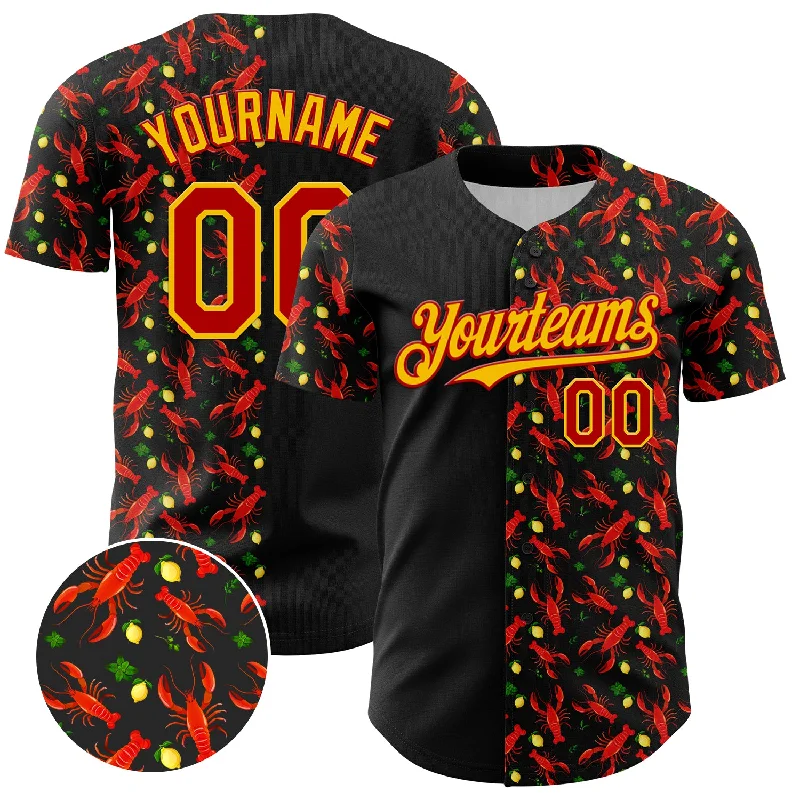 Baseball Jersey With Loose Fit-Custom Black Red-Yellow 3D Pattern Design Animal Lobster Fruit Lemon Authentic Baseball Jersey