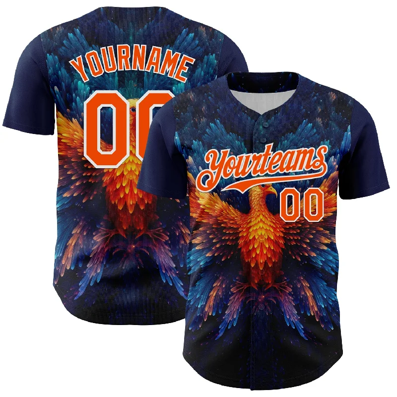 Baseball Jersey For Club Leagues-Custom Navy Orange-White 3D Pattern Design Rave Phoenix Authentic Baseball Jersey