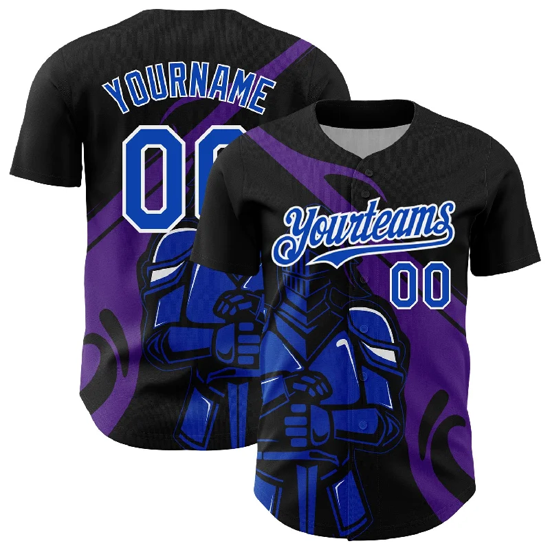 Baseball Jersey With Extra Ventilation-Custom Black Thunder Blue-Purple 3D Pattern Design Knight Hero Art Authentic Baseball Jersey