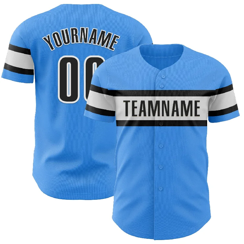 Baseball Jersey With Stitched Letters-Custom Electric Blue Black-White Authentic Baseball Jersey