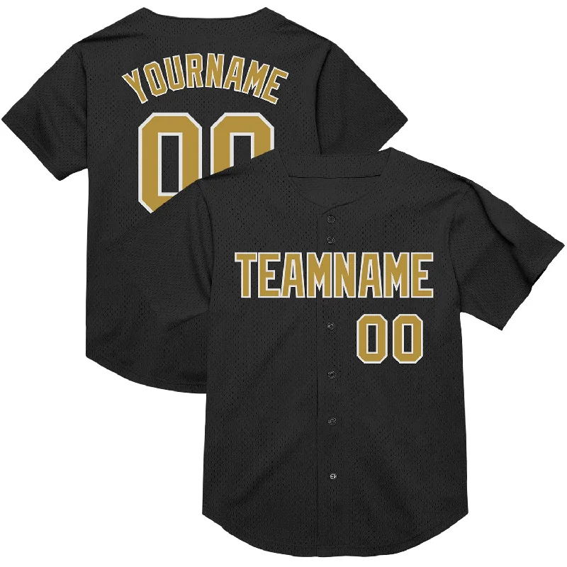 Baseball Jersey With Glow-In-The-Dark Print-Custom Black Old Gold-White Mesh Authentic Throwback Baseball Jersey