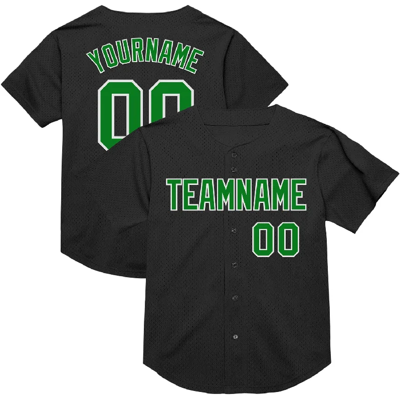 Baseball Jersey With Reinforced Shoulders-Custom Black Grass Green-White Mesh Authentic Throwback Baseball Jersey