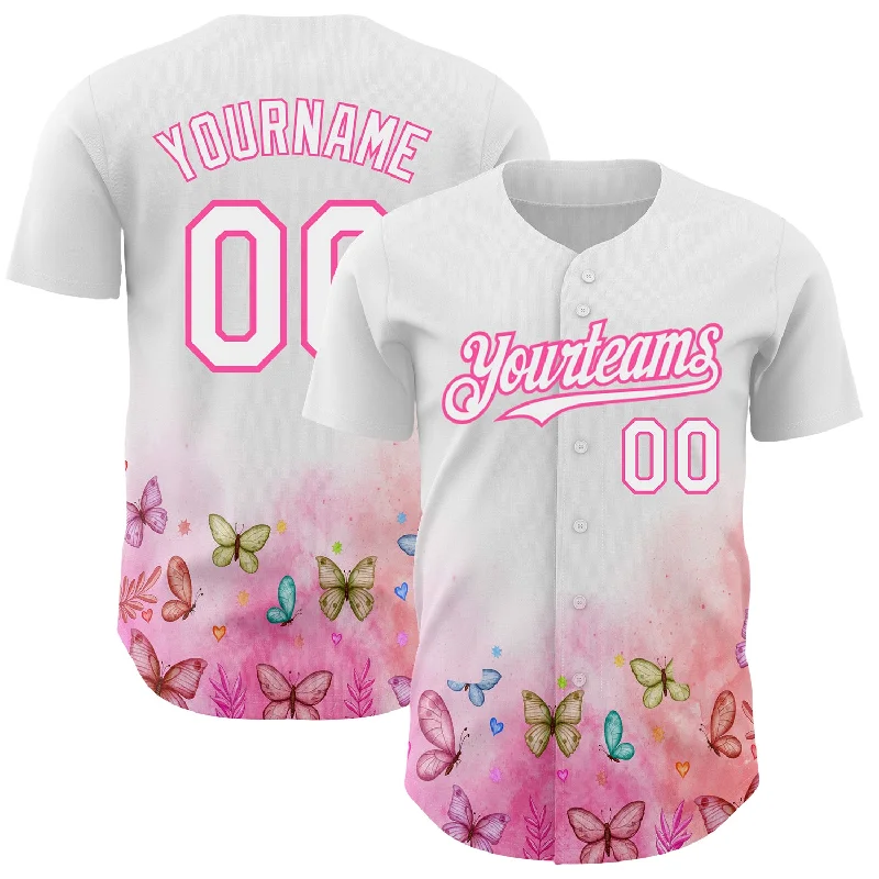 Baseball Jersey For Sports Fans-Custom White Pink 3D Pattern Design Animal Butterfly Authentic Baseball Jersey