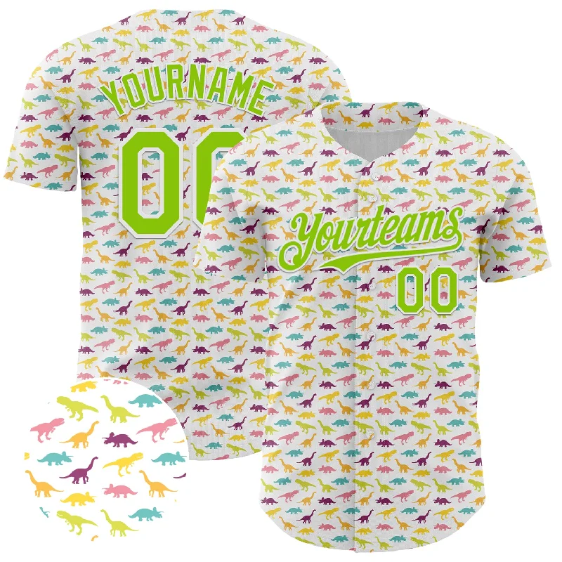 Baseball Jersey With Snap-Front Closure-Custom White Neon Green 3D Pattern Design Animal Dinosaur Authentic Baseball Jersey