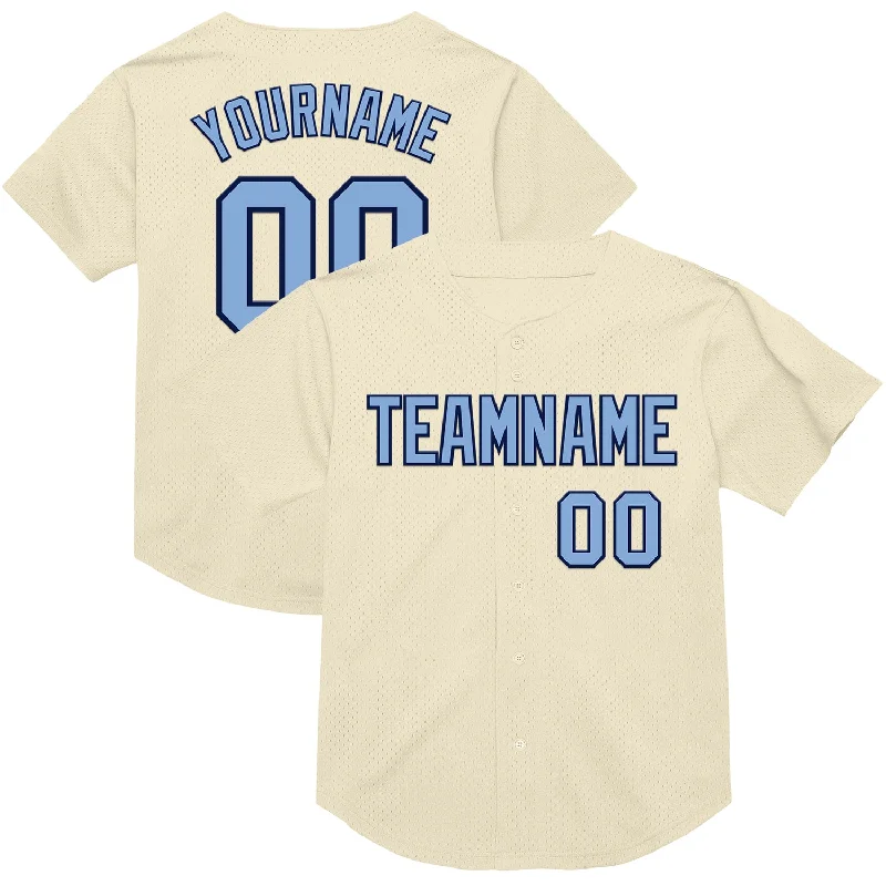 Baseball Jersey With Number Patch-Custom Cream Light Blue-Navy Mesh Authentic Throwback Baseball Jersey