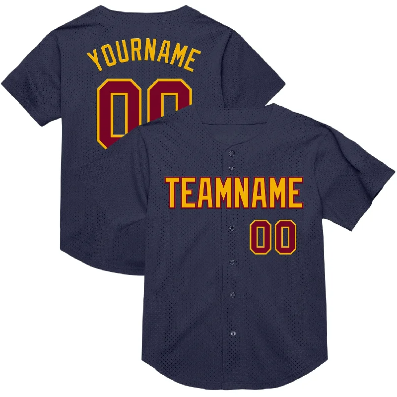 Baseball Jersey With Striped Sleeves-Custom Navy Maroon-Gold Mesh Authentic Throwback Baseball Jersey