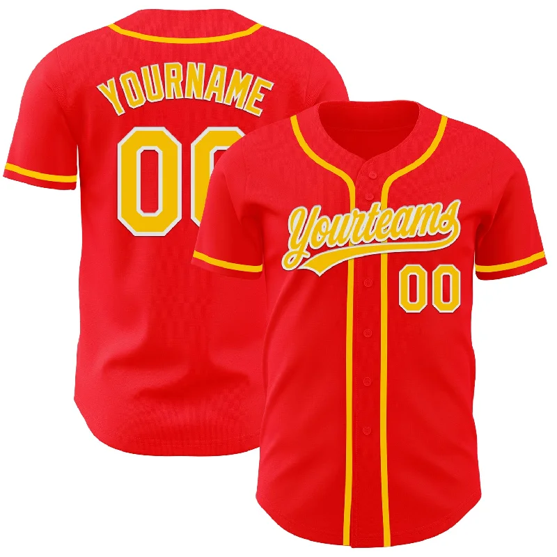 Baseball Jersey With Contrast Collar-Custom Fire Red Yellow-White Authentic Baseball Jersey