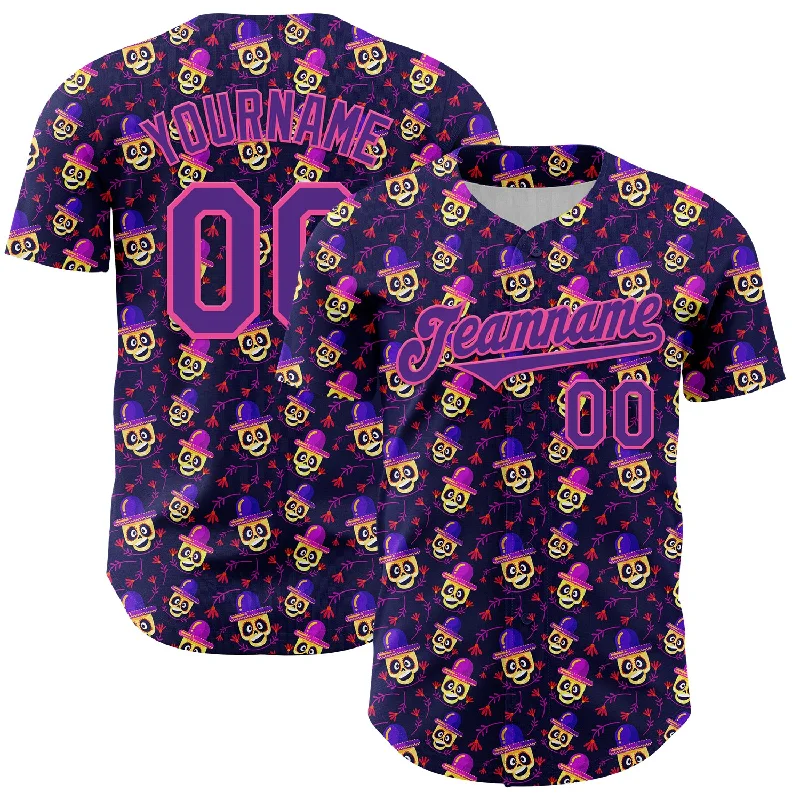 Baseball Jersey With High Durability-Custom Purple Pink 3D Pattern Design Rave Skull Authentic Baseball Jersey