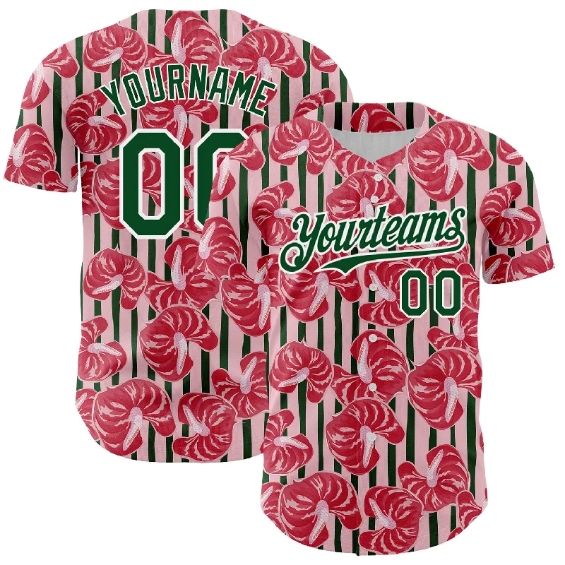 Baseball Jersey With Commemorative Patch-Custom Medium Pink Green-White 3D Pattern Design Tropical Anthurium Flower Authentic Baseball Jersey