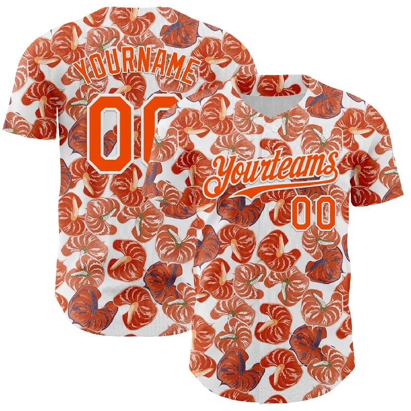 Baseball Jersey For Club Leagues-Custom White Orange 3D Pattern Design Tropical Anthurium Flower Authentic Baseball Jersey