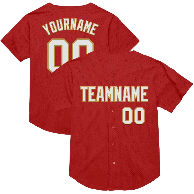 Baseball Jersey With Striped Sleeves-Custom Red White-Old Gold Mesh Authentic Throwback Baseball Jersey