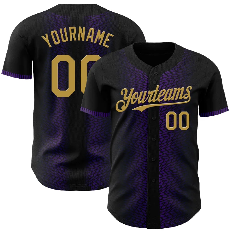 Baseball Jersey With Team Mascot-Custom Black Old Gold-Purple 3D Pattern Design Geometric Shapes Authentic Baseball Jersey