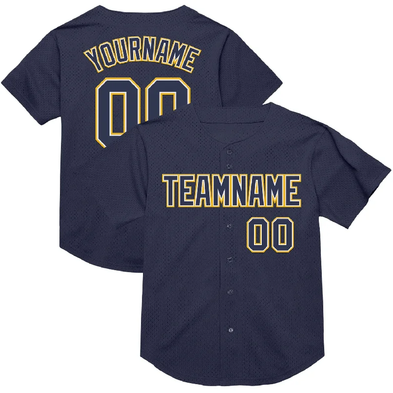 Baseball Jersey With Gradient Design-Custom Navy White-Gold Mesh Authentic Throwback Baseball Jersey