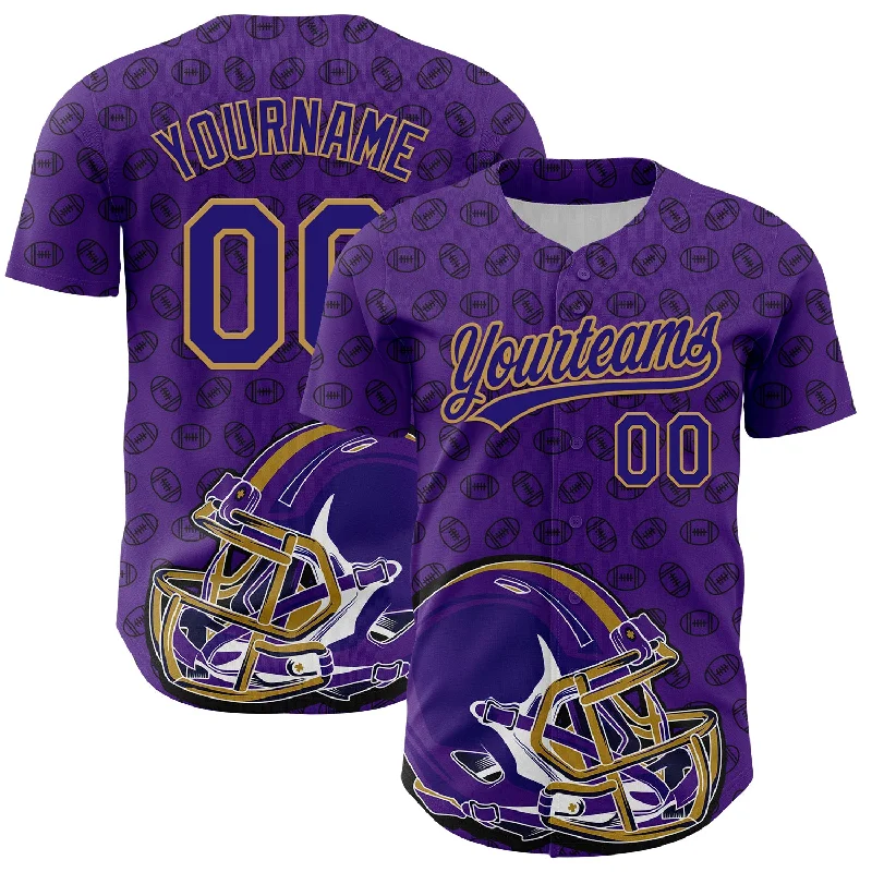 Baseball Jersey With Street Fashion Influence-Custom Purple Dark Purple-Old Gold 3D Pattern Design Football Helmet And Ball Authentic Baseball Jersey