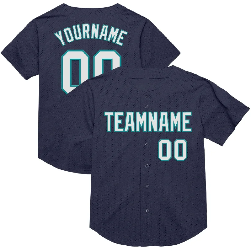 Baseball Jersey For Coaches-Custom Navy White-Teal Mesh Authentic Throwback Baseball Jersey