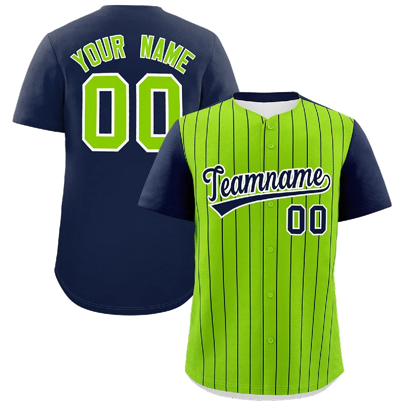 Baseball Jersey With Vintage Design-Custom Neon Green Navy Pinstripe Personalized Two-Tone Authentic Baseball Jersey