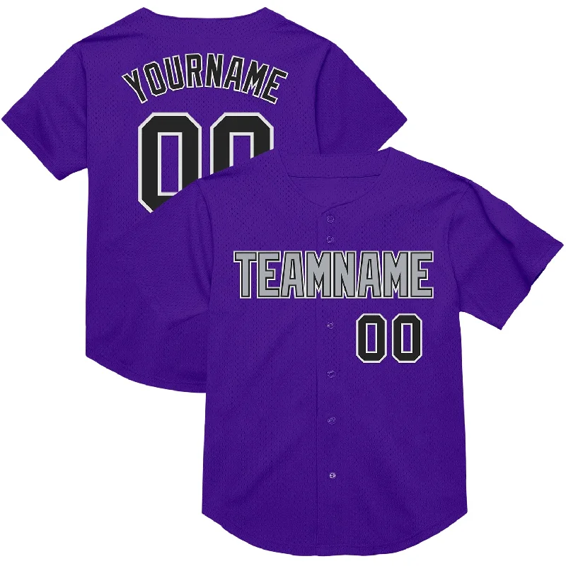 Baseball Jersey With Stripes-Custom Purple Black-Gray Mesh Authentic Throwback Baseball Jersey