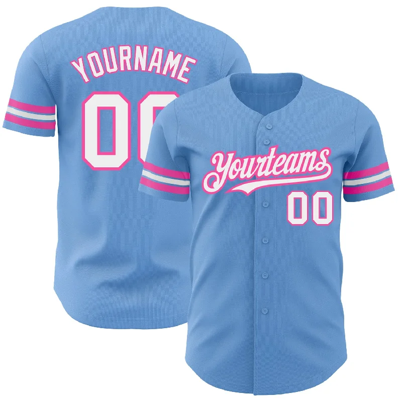 Baseball Jersey With Snap-Front Closure-Custom Light Blue White-Pink Authentic Baseball Jersey