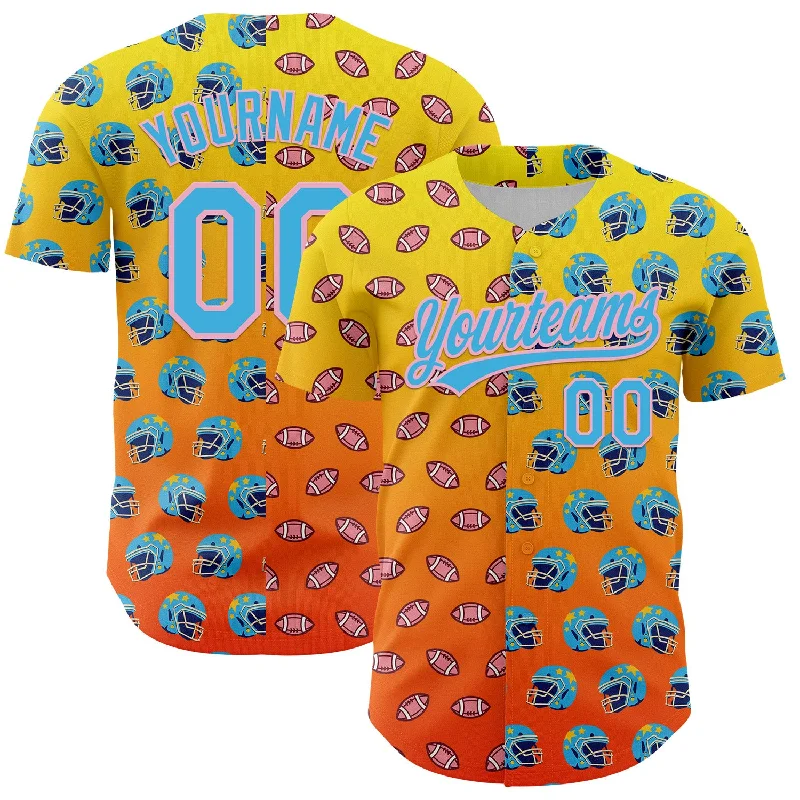 Baseball Jersey With Metallic Numbers-Custom Light Yellow Sky Blue Orange-Medium Pink 3D Pattern Design Football Helmet And Football Elements Authentic Baseball Jersey