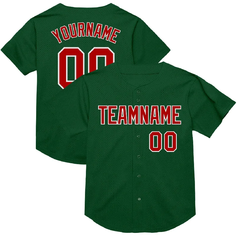 Baseball Jersey With Cotton Blend-Custom Green Red-White Mesh Authentic Throwback Baseball Jersey