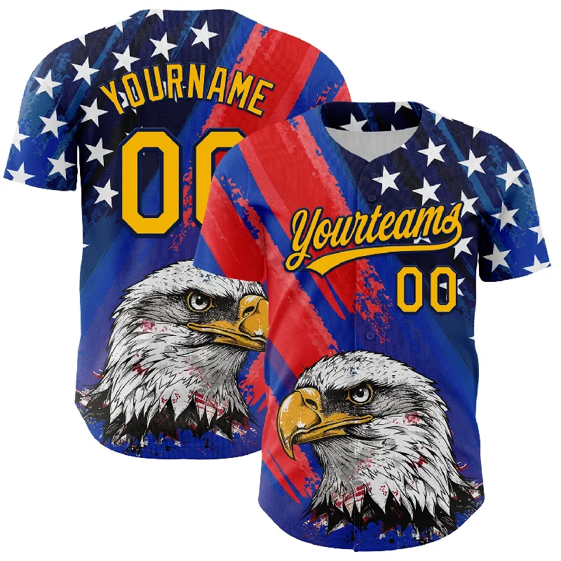 Baseball Jersey With Slim Fit-Custom Royal Gold Navy-Red 3D American Flag Eagle And Star Authentic Baseball Jersey