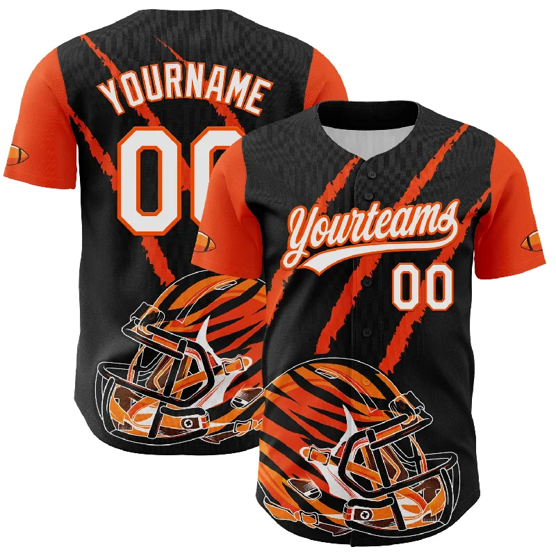 Baseball Jersey With Classic Baseball Script-Custom Black White-Orange 3D Pattern Design Football Helmet And Animal Claw Authentic Baseball Jersey