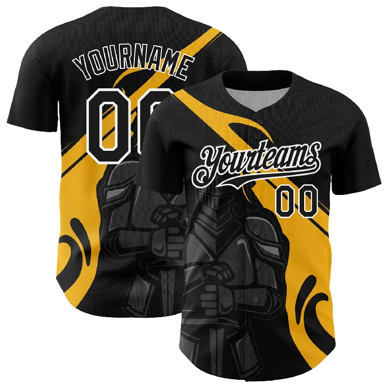 Baseball Jersey With Tear-Resistant Fabric-Custom Black Gold-White 3D Pattern Design Knight Hero Art Authentic Baseball Jersey