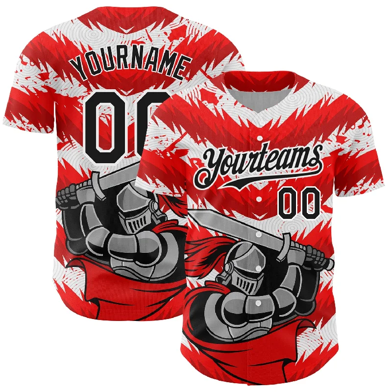 Baseball Jersey For Winter Training-Custom Red Black-White 3D Pattern Design Knight Hero Art Authentic Baseball Jersey