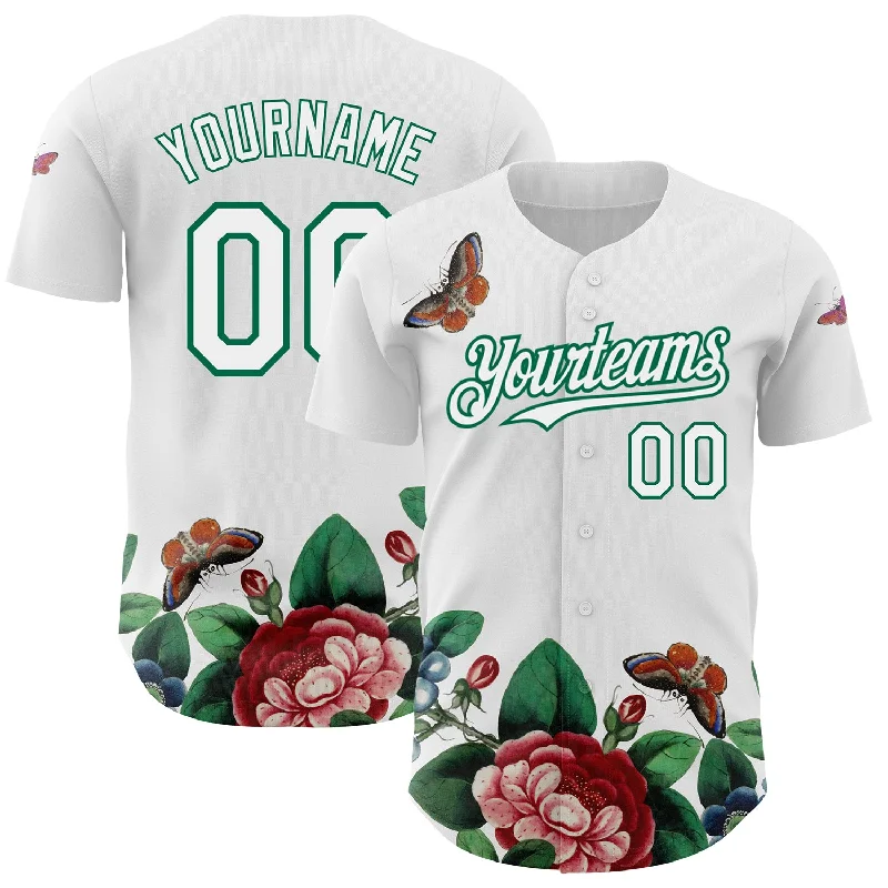 Baseball Jersey With Number Patch-Custom White Kelly Green 3D Pattern Design Animal Butterfly And Flower Authentic Baseball Jersey